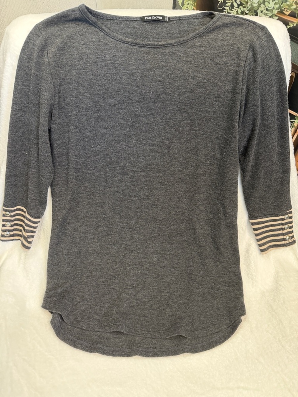Pink Clover Charcoal Grey 3/4 Sleeve Top with Striped Cuffs